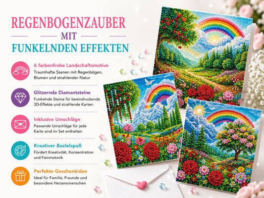 Diamond Painting Regenbogenkarten mit glitzernden Diamantsteinen und Umschlägen