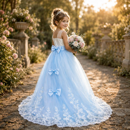 Mädchen trägt das Prinzessinnenkleid Florelisse in Himmelblau bei einem märchenhaften Fotoshooting im Freien