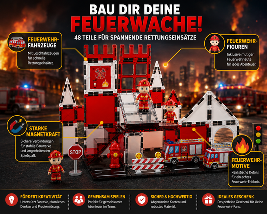 Magnetbausteine Feuerwehr Set mit Feuerwehrfahrzeugen, Figuren, Magnetkraft und Feuerwehrmotiven.