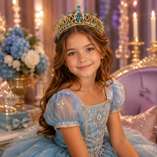 Tiara Azurelle – Mehrere Ansichten der goldenen Kristall-Tiara in Blau und Aquamarin