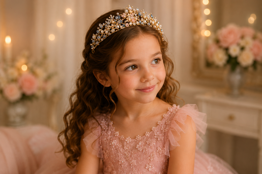 Tiara Floravienne Detailansicht – filigrane Blüten- und Rankenmotive mit Schmucksteinen