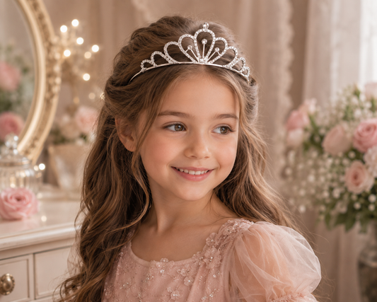 Mädchen trägt die Tiara Aurelia – silberne Märchen-Tiara mit funkelnden Kristallsteinen