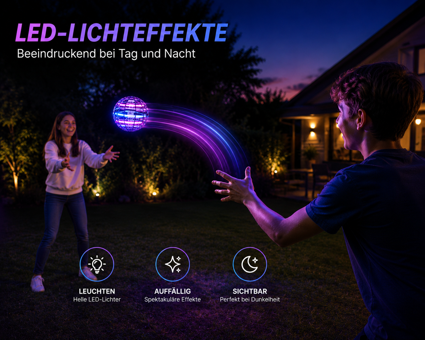Leuchtender Magic Flight Ball mit farbigen LED-Lichteffekten bei Dämmerung im Garten