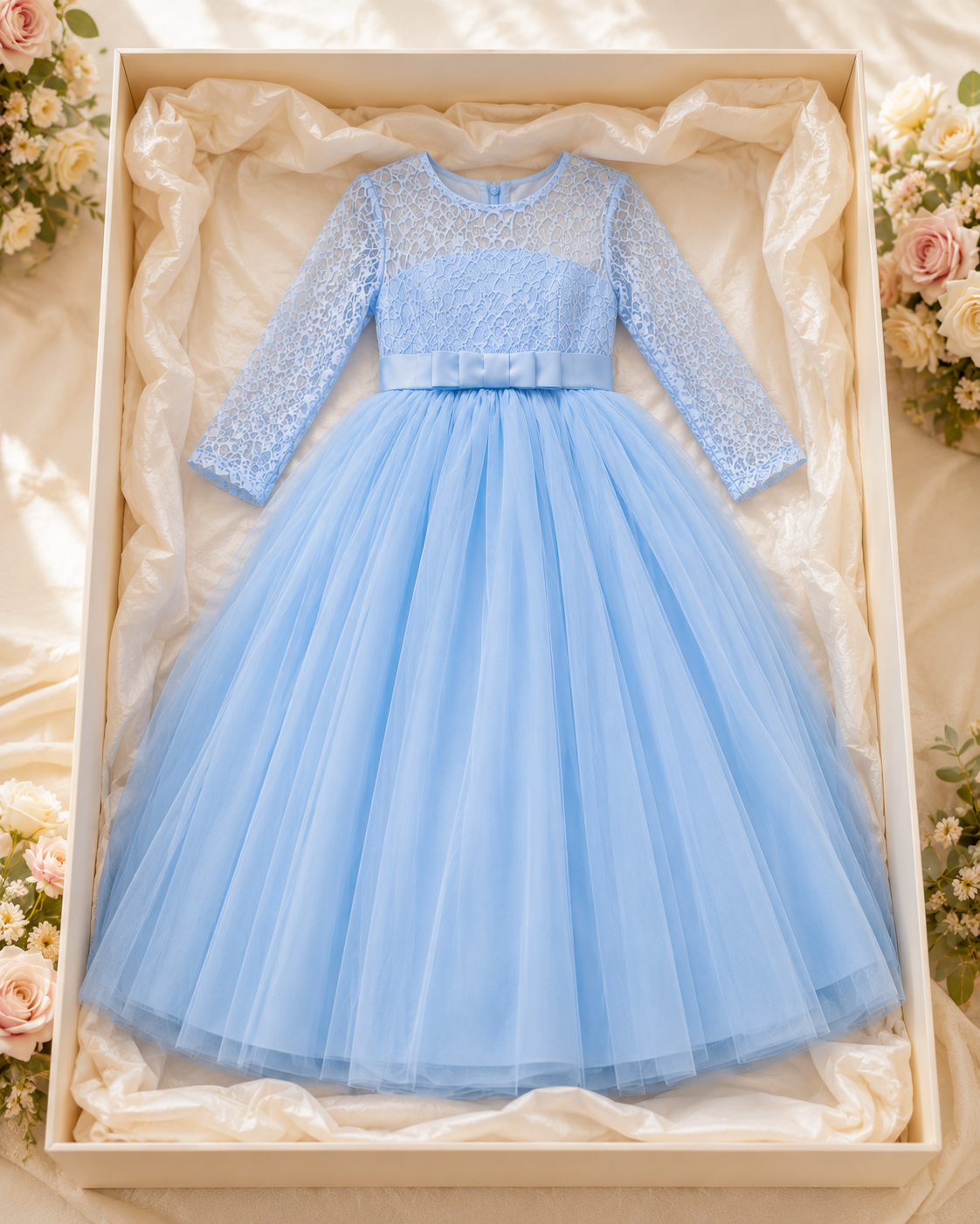 Elaria Mädchen Festkleid in Hellblau als luxuriöses Boutique-Geschenk in eleganter Geschenkbox