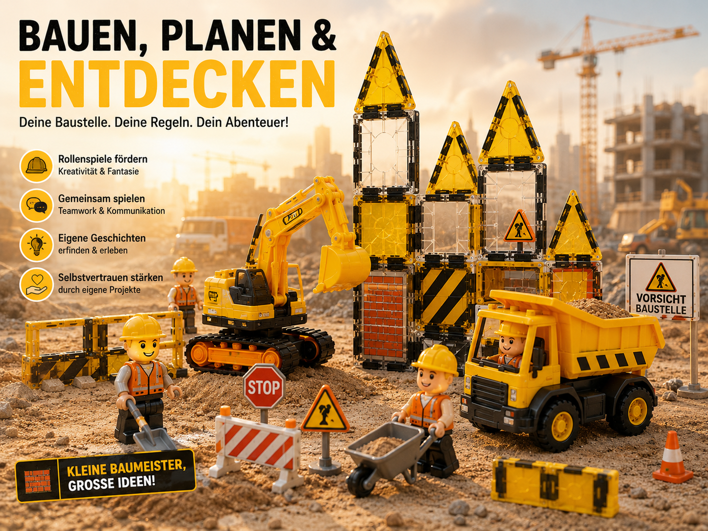 Bauarbeiter, Bagger und Kipplaster auf einer Magnetbaustein-Baustelle für kreative Rollenspiele und Bauabenteuer.