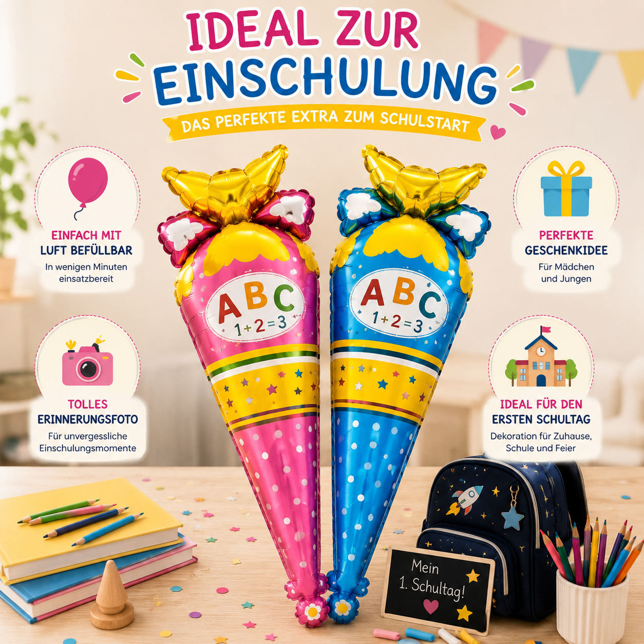 Geschenk zur Einschulung – Schultütenballon als besondere Überraschung zum Schulstart.