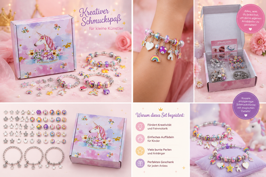 Einhorn Charm-Armband Bastelset Inhalt – Anhänger, Perlen & Armbänder zum Selbstgestalten