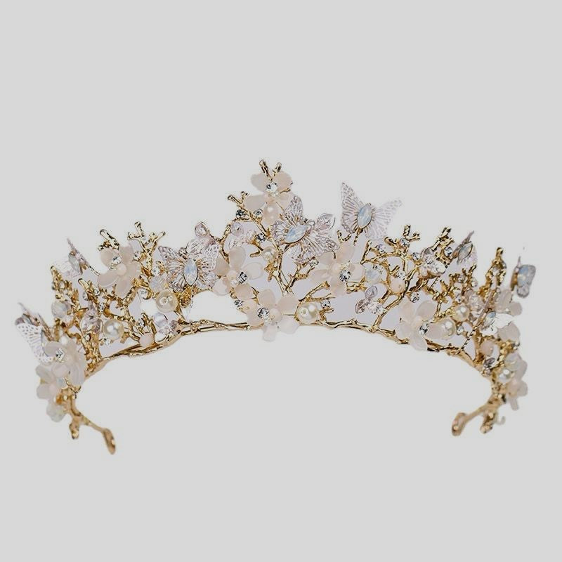 Tiara Papielle goldene Prinzessinnen Krone mit Schmetterlingen, Blüten und Perlen in Goldoptik
