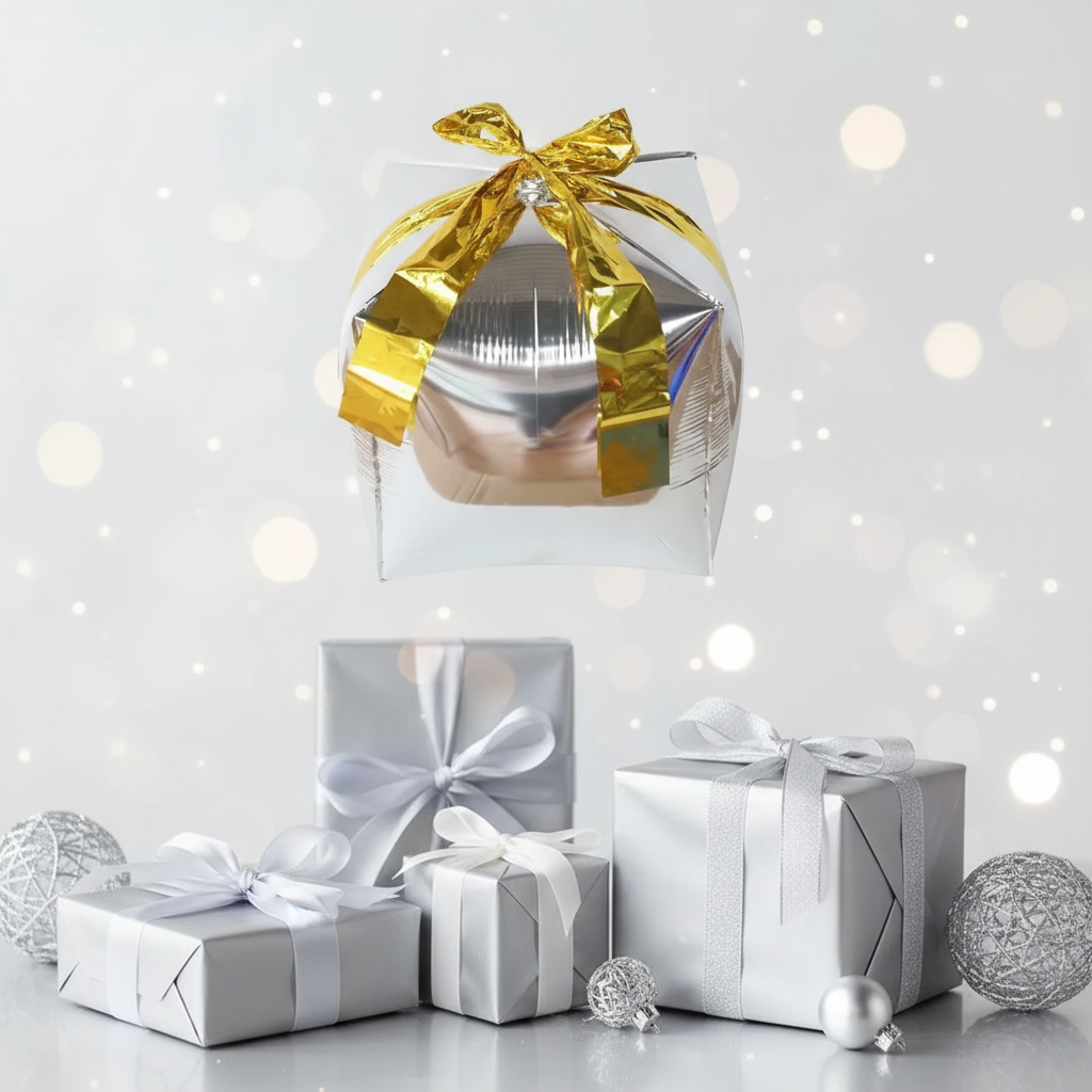Geschenke-Ballon Silber mit Goldband