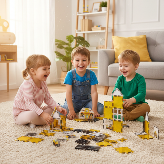 Kinder spielen mit Baustellen-Magnetbausteinen