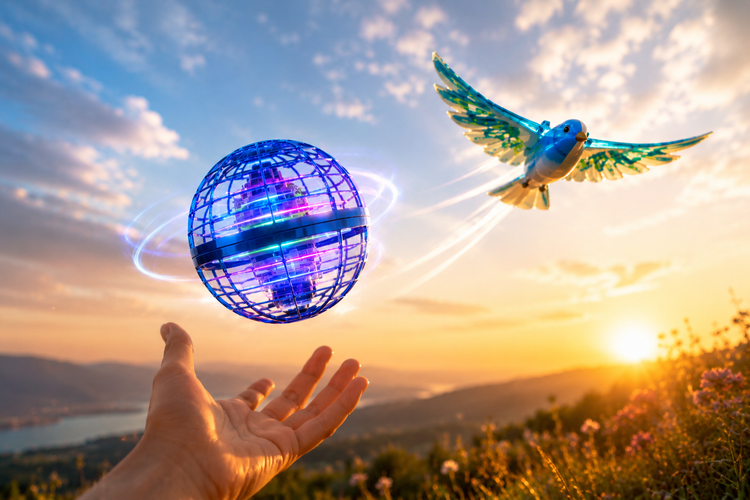 Magischer Flight Ball und fliegender E-Bird vor warmem Abendhimmel – Spielzeug für Bewegung, Flugspaß und Abenteuer