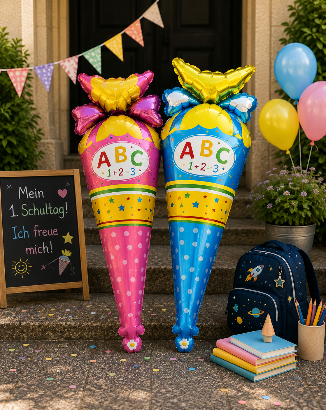 Folienballon Einschulung Schultüte ABC Blau und Pink für Schulanfang und Einschulungsfeier.