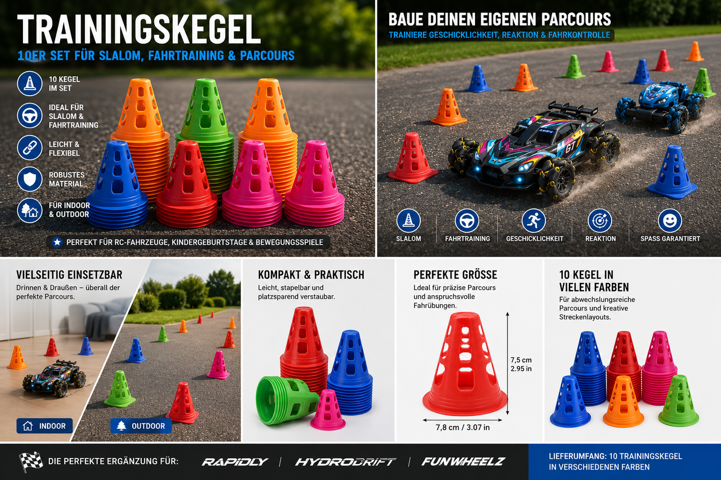 Trainingskegel 10er Set für Slalom, Fahrtraining und Geschicklichkeitsparcours mit Größenangaben und Einsatzmöglichkeiten
