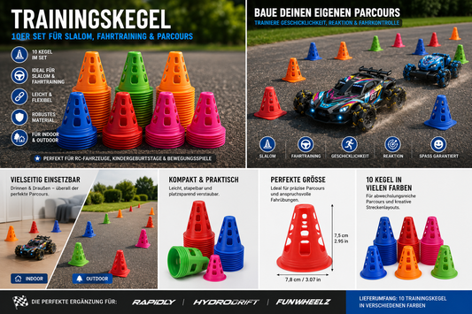 Trainingskegel 10er Set für Slalom, Fahrtraining und Geschicklichkeitsparcours mit Größenangaben und Einsatzmöglichkeiten