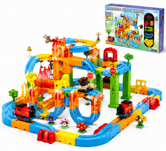 Magnetische Abenteuerbahn für Kinder mit 193 Teilen und Lokomotive.