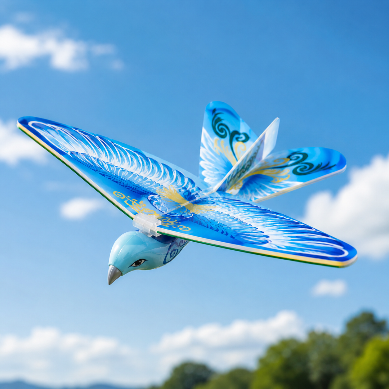 Blauer E-BIRD Pigeon Flugvogel im Flug vor blauem Himmel – ferngesteuertes Flugspielzeug für Kinder