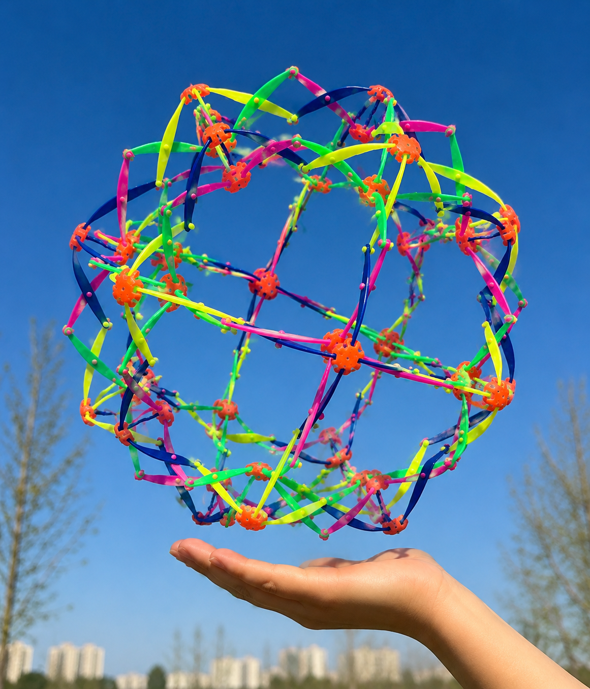 Vollständig geöffneter Expandable Ball schwebt über einer Hand vor blauem Himmel.