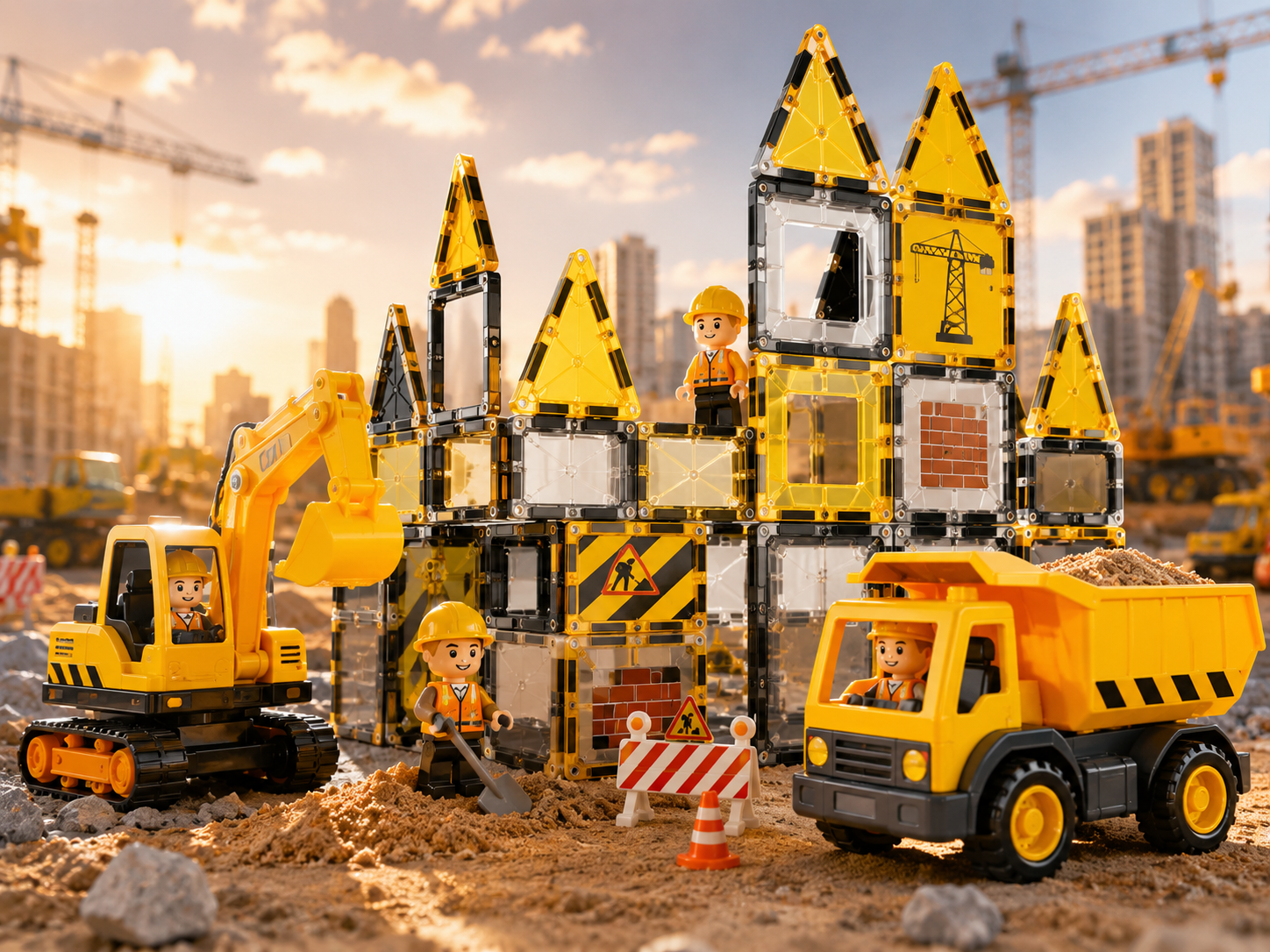 Magnetbausteine Baustelle mit Bagger, Kipplaster und Bauarbeitern in realistischer Baustellenkulisse.