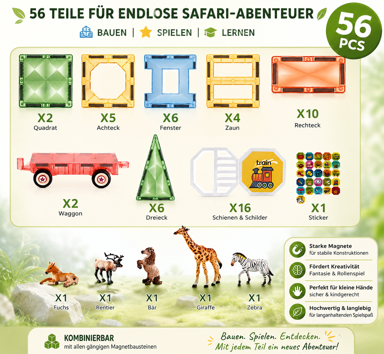 56-teiliges Magnetbausteine Tier-Set mit Zug, Schienen und exotischen Tierfiguren.