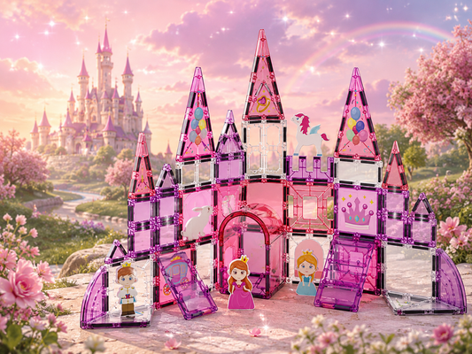 Magnetbausteine Prinzessinnenschloss mit Prinzessin, Prinz und Einhorn in märchenhafter Schlosslandschaft.