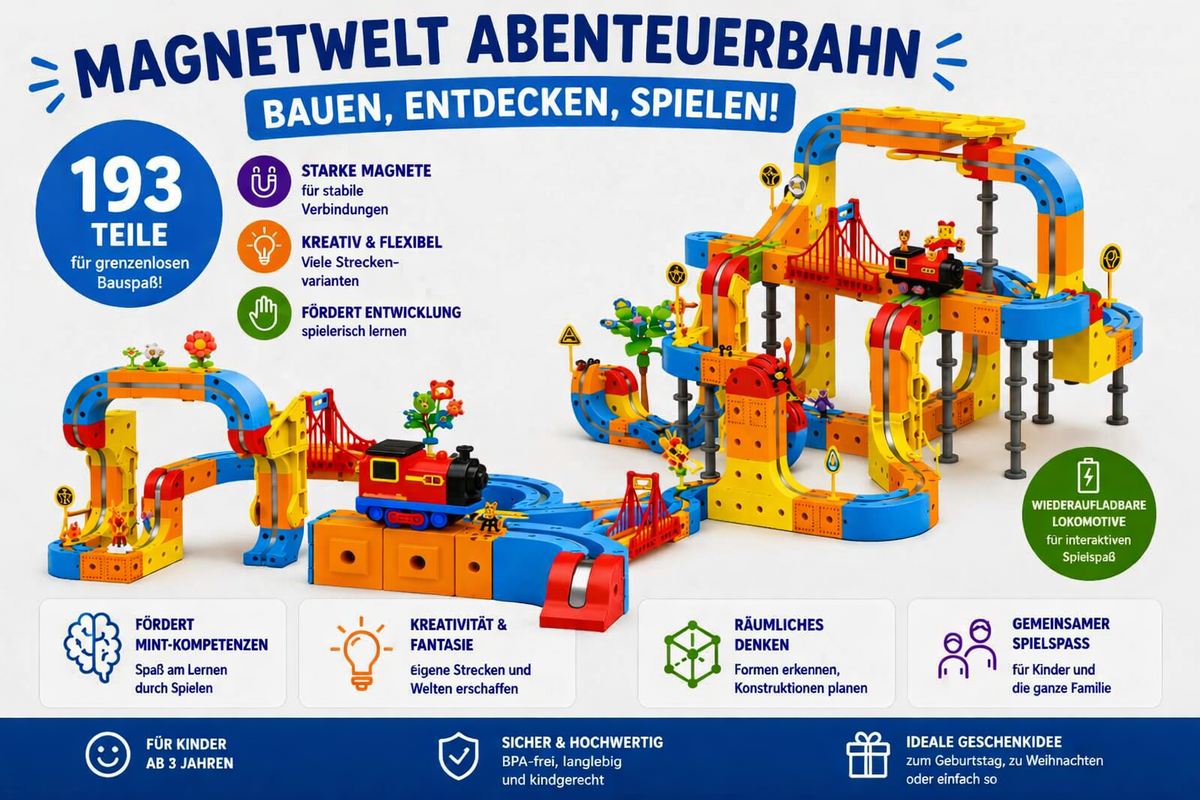 Magnetwelt Abenteuerbahn 193 Teile mit Akku-Lok, starken Magneten, Brücken und Rampen – kreatives Magnetbahn-Spielzeug für Kinder ab 3 Jahren.