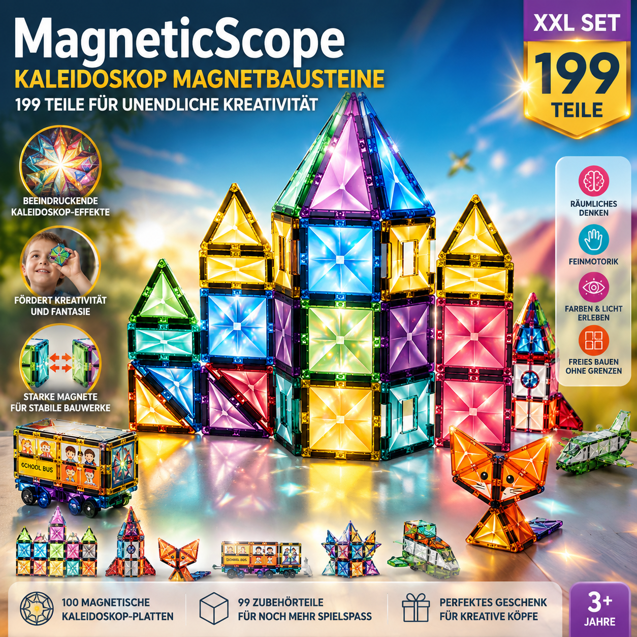 MagneticScope Kaleidoskop Magnetbausteine XXL mit 199 Teilen für kreative Bauwerke, Türme und Fantasiegebäude.