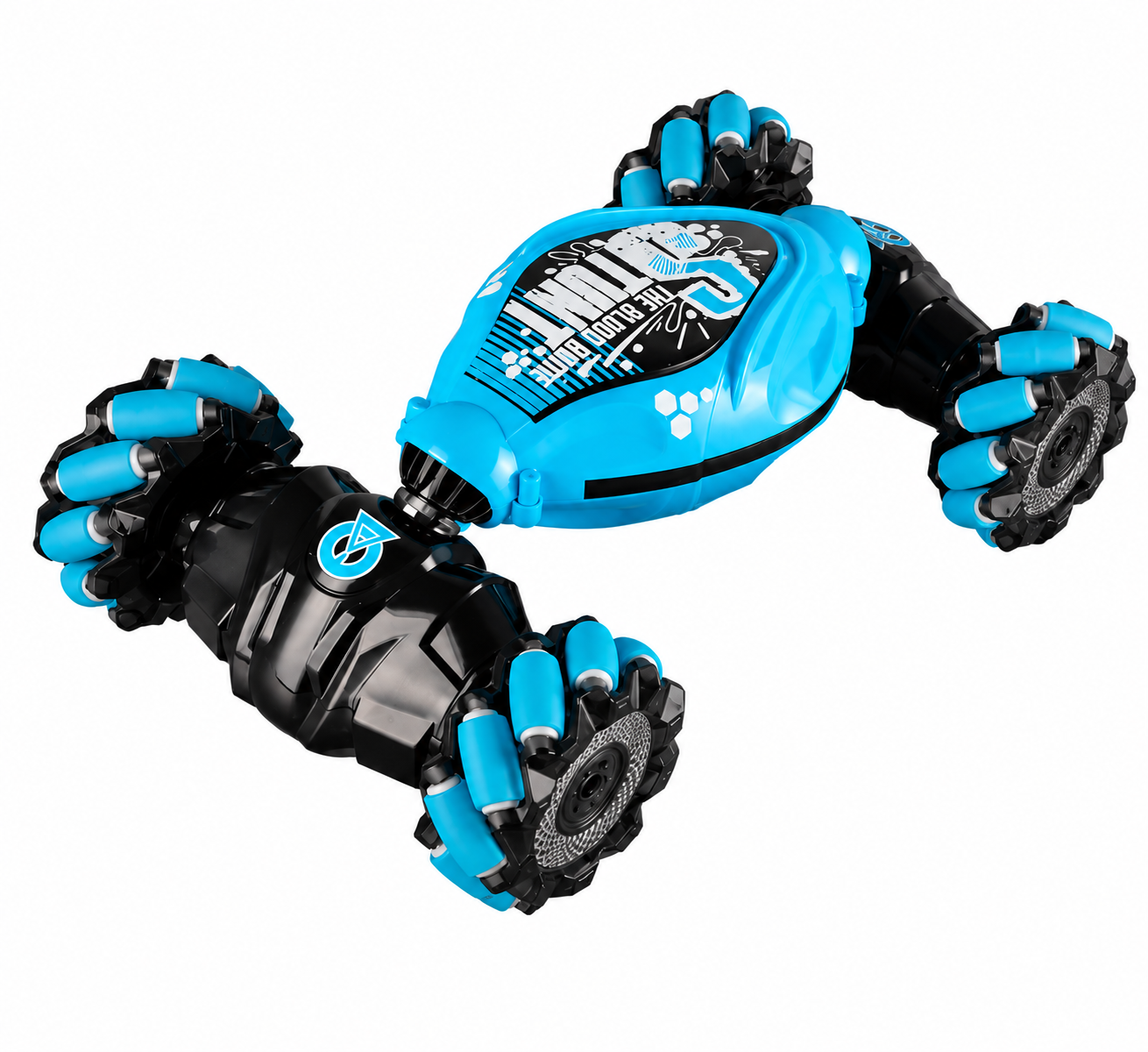FunWheelz RC Stuntauto mit multidirektionalen Rädern auf weißem Hintergrund