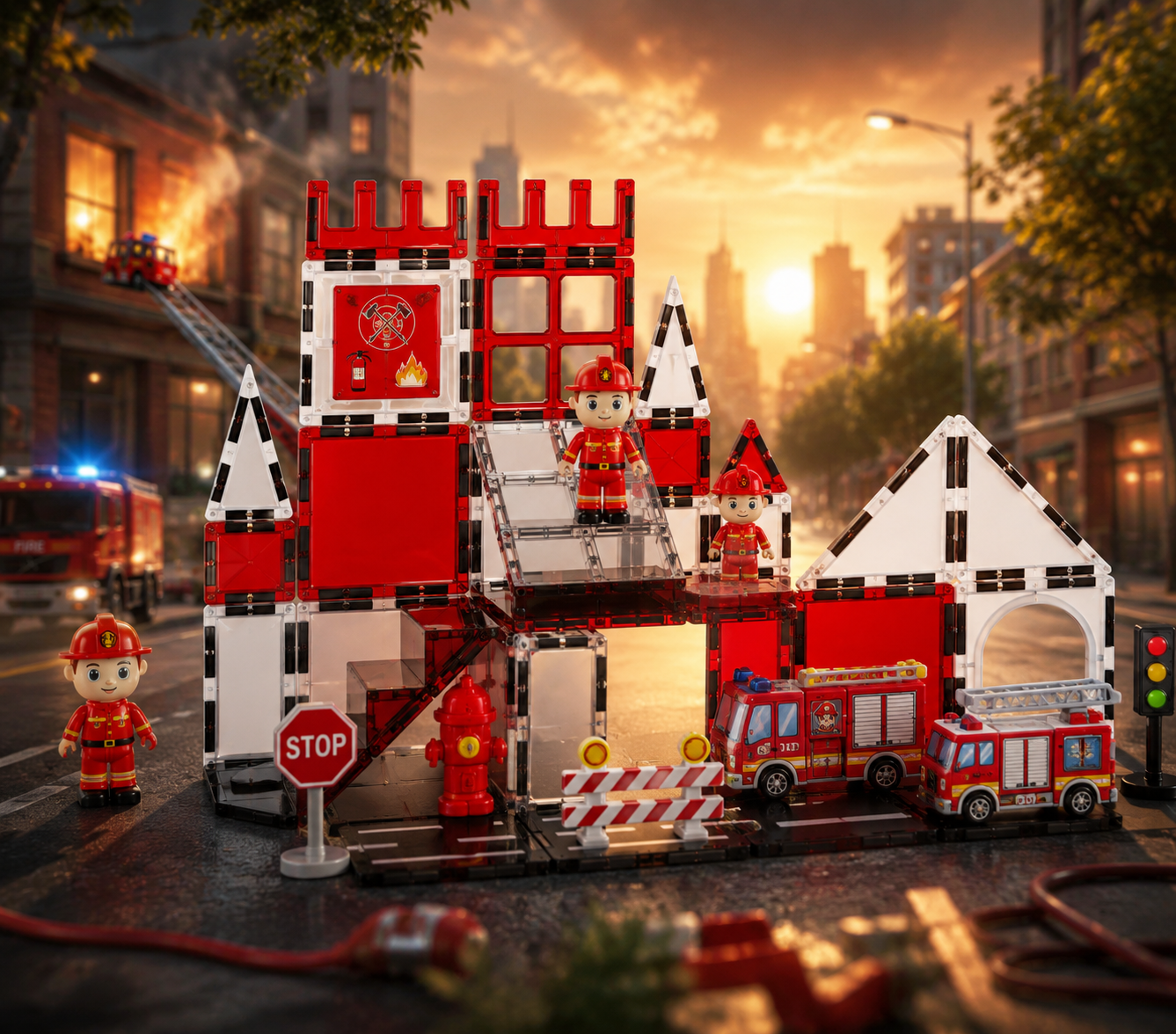 Magnetische Feuerwehrstation mit Feuerwehrfahrzeugen und Figuren vor stimmungsvoller Stadtkulisse.