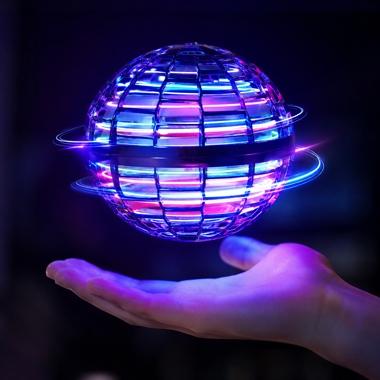 Magic Flight Ball mit LED-Beleuchtung schwebt über einer Hand – futuristischer Flugball mit Boomerang-Effekt