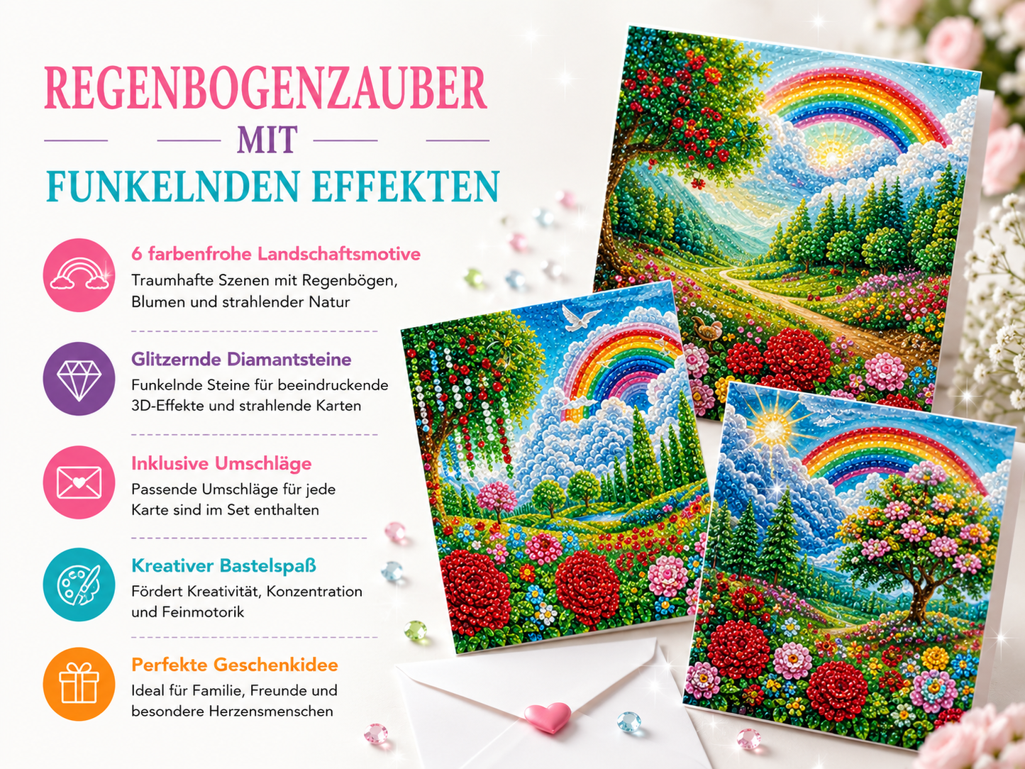 Diamond Painting Regenbogenkarten mit glitzernden Diamantsteinen und Umschlägen