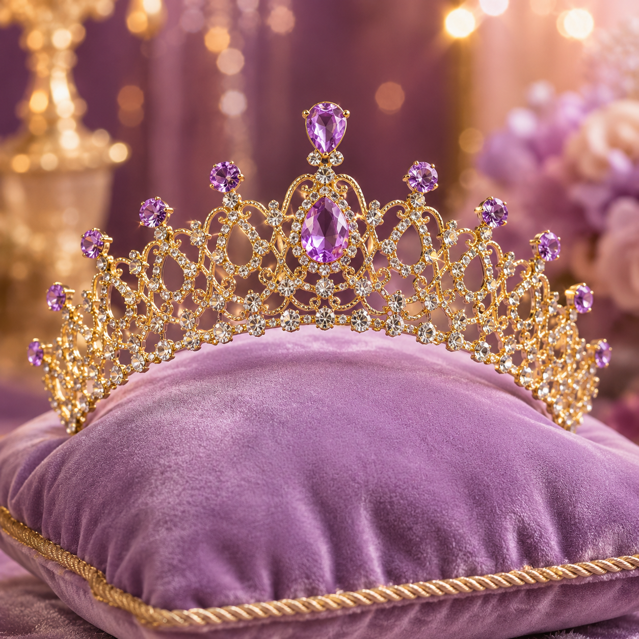 Tiara Auravie – Goldfarbene Prinzessinnen-Krone mit violetten Kristallen, Frontansicht