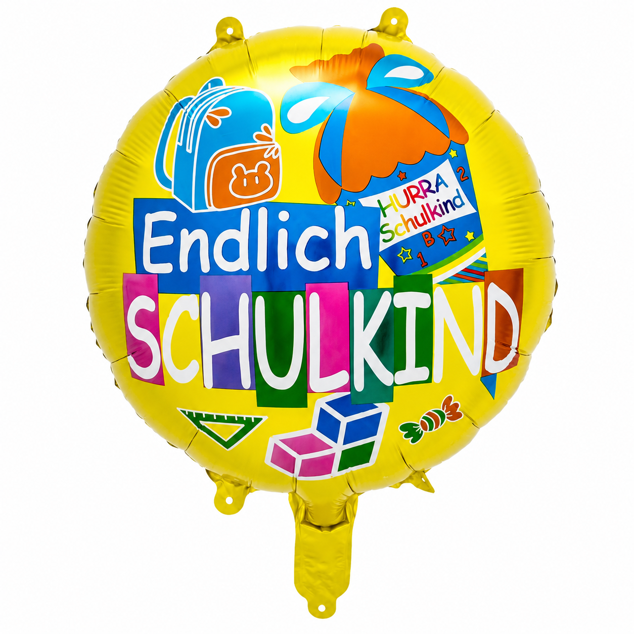 Endlich Schulkind Folienballon zur Einschulung mit Schultüte und Schulranzen Motiv.