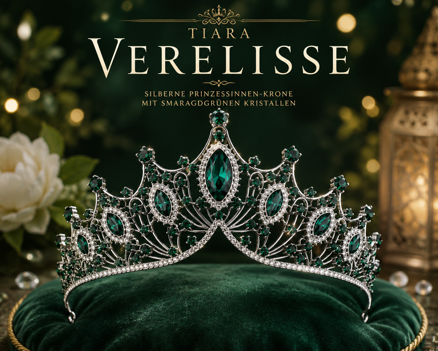 Tiara Verelisse – Silberfarbene Prinzessinnen-Krone mit smaragdgrünen Kristallen auf grünem Samtkissen