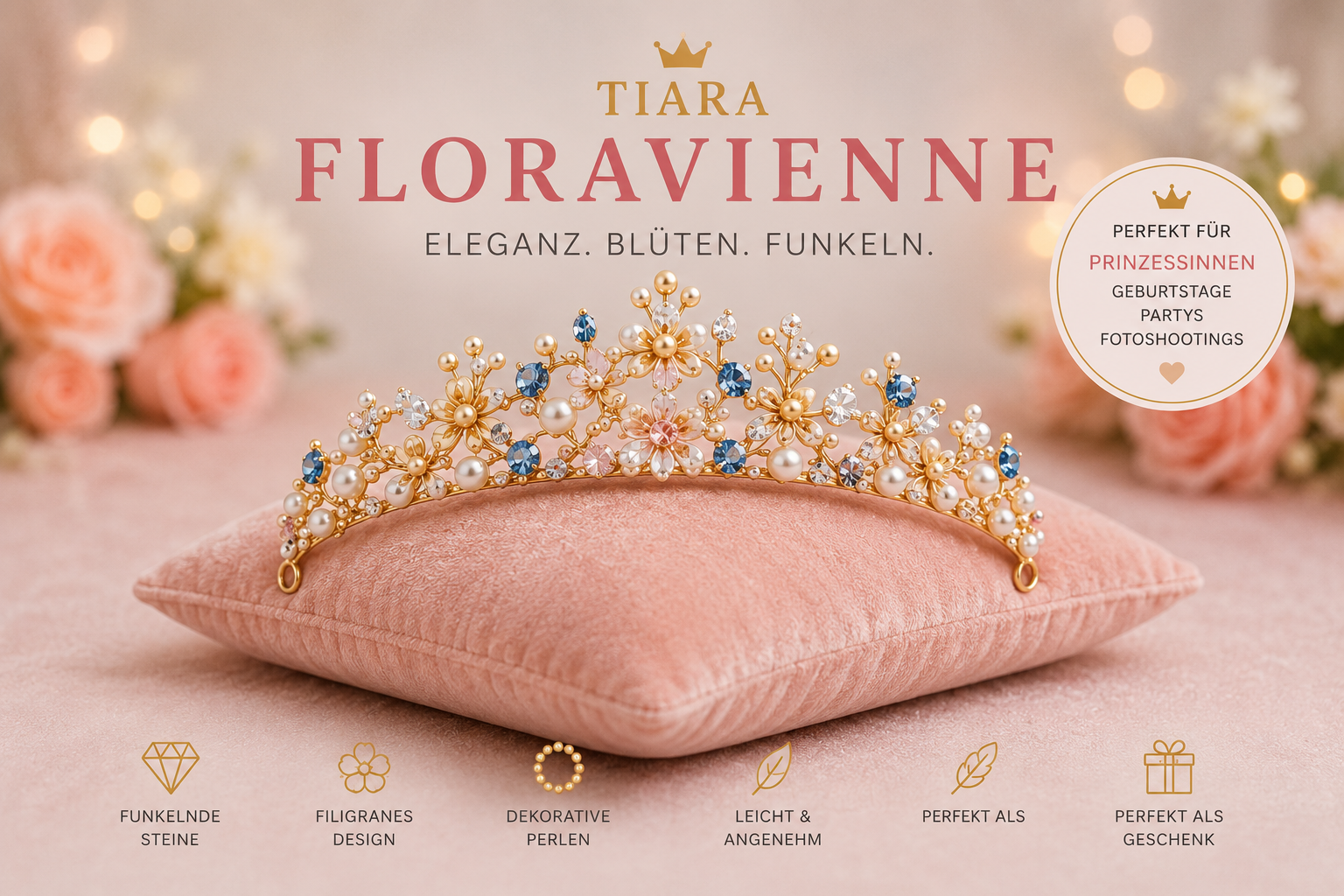 Tiara Floravienne goldene Prinzessinnen Krone mit Blüten und Perlen in Goldoptik