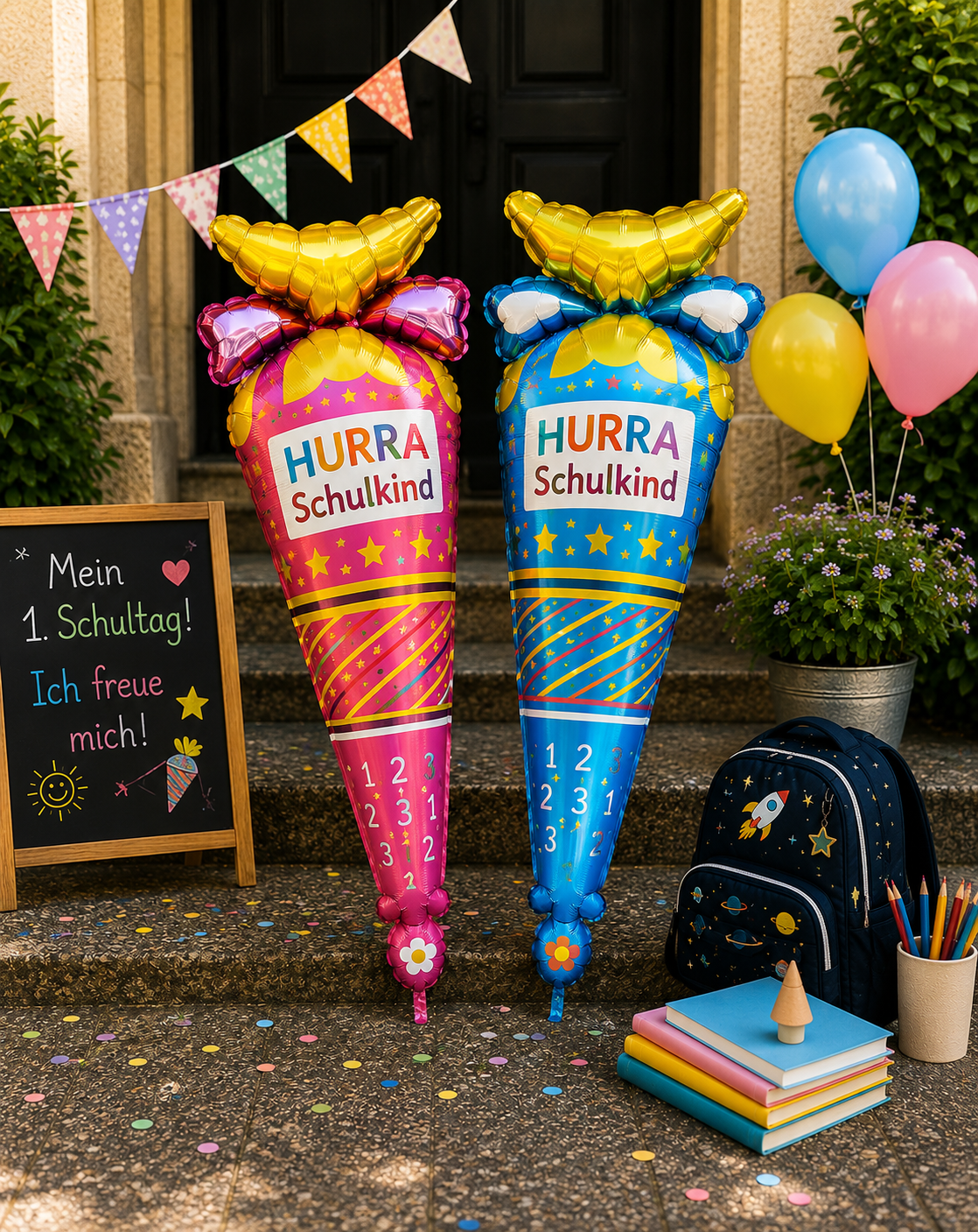Schultütenballon Einschulung Hurra Schulkind Folienballon Schulanfang Dekoration Geschenk für Mädchen und Jungen in Pink und Blau.