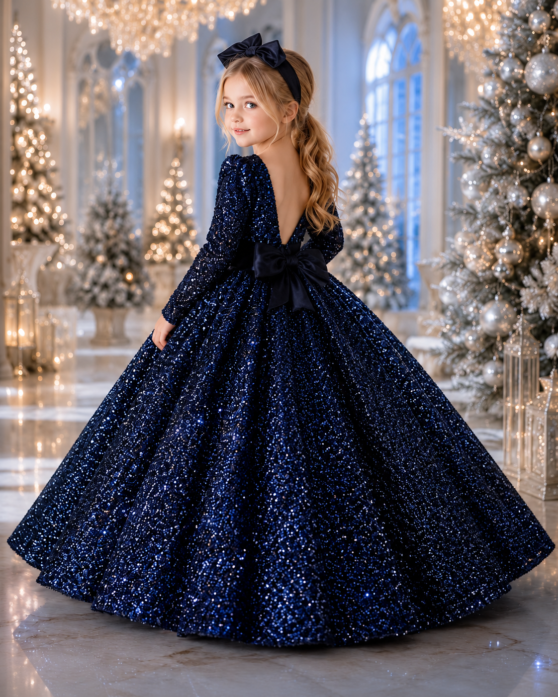 Dunkelblaues Glitzer-Mädchenkleid Luna mit langem Arm, tiefem V-Rücken und schwarzer Schleife in festlicher Winterkulisse.