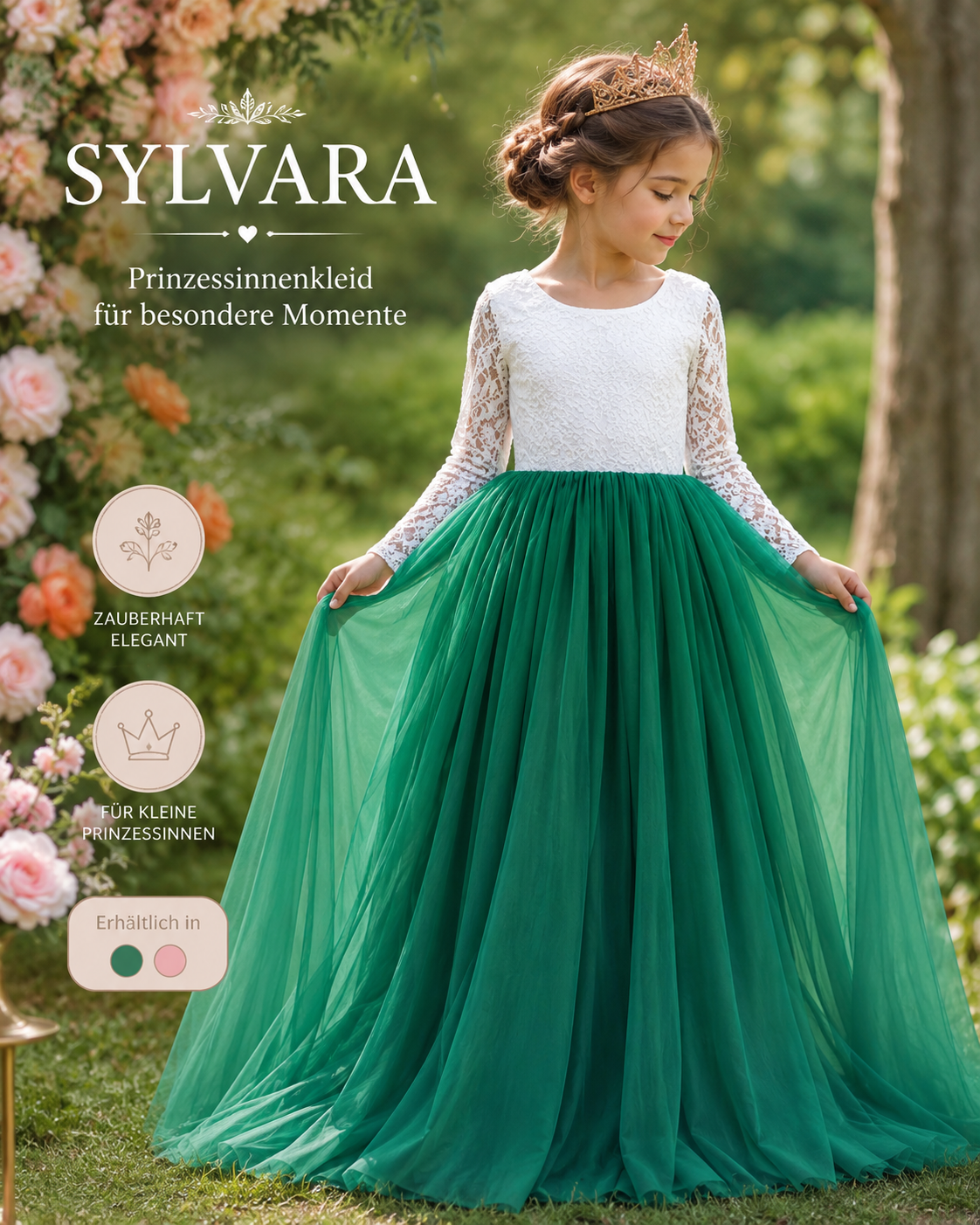 Prinzessinnenkleid Sylvara in Smaragdgrün mit Spitzenoberteil und voluminösem Tüllrock