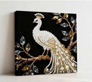 Diamond Painting Motiv Pfau mit edlen Perlen, Glitzersteinen und dekorativen Elementen