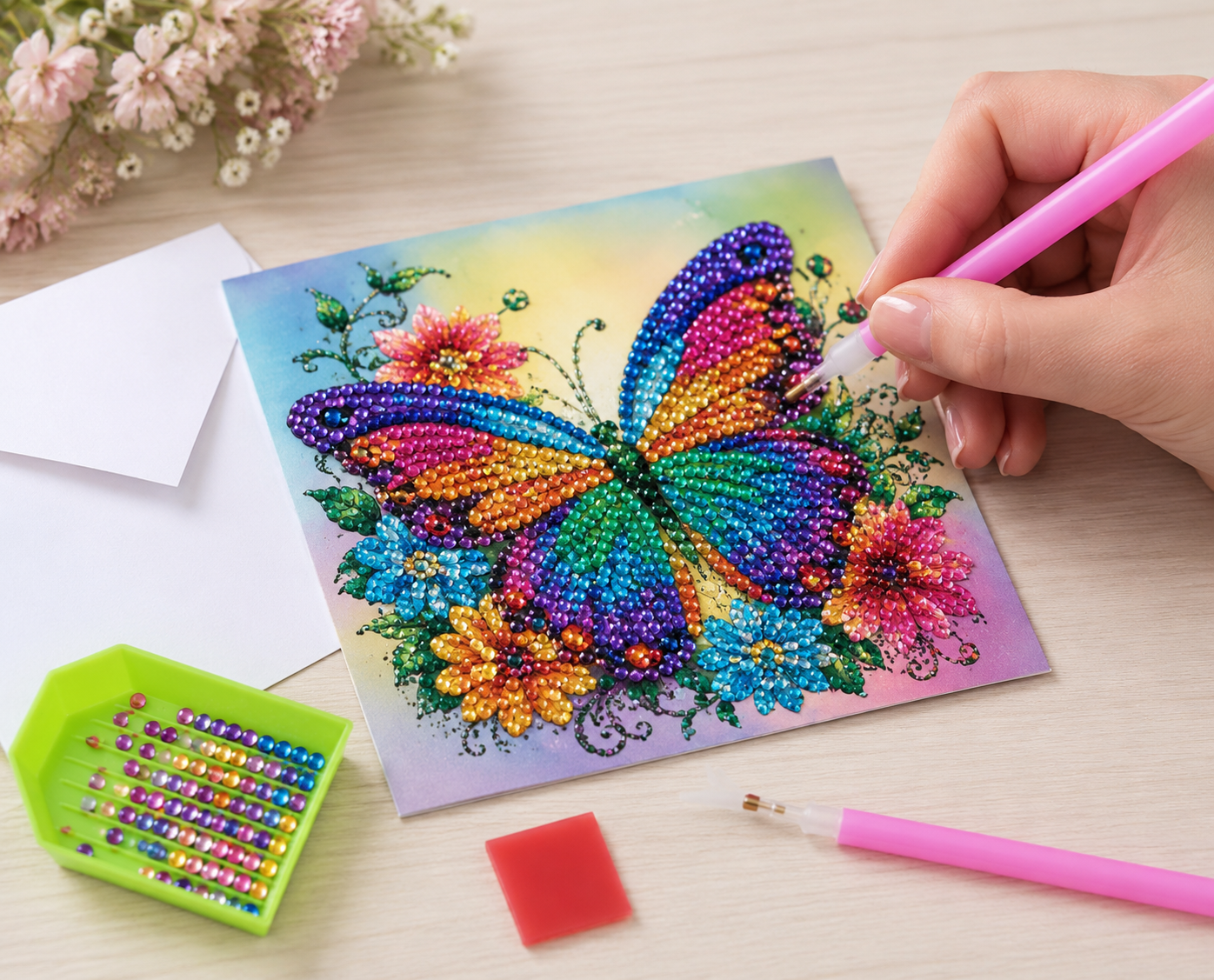 Hand gestaltet eine Diamond Painting Grußkarte mit buntem Schmetterlingsmotiv
