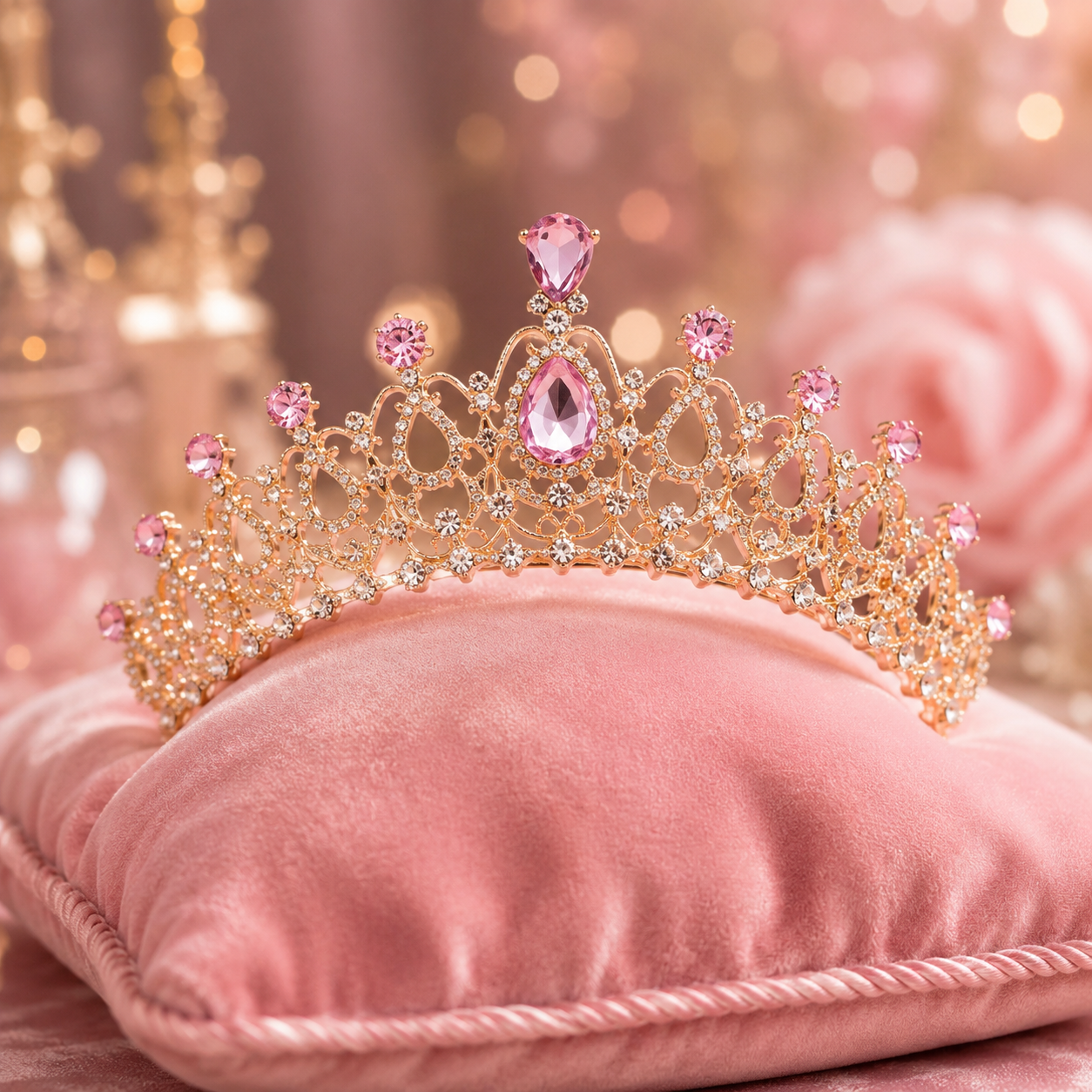 Tiara Seraphyne – Goldfarbene Prinzessinnen-Krone mit rosafarbenen Kristallen, Frontansicht
