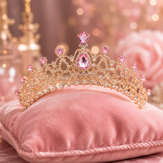 Tiara Seraphyne – Goldfarbene Prinzessinnen-Krone mit rosafarbenen Kristallen, Frontansicht