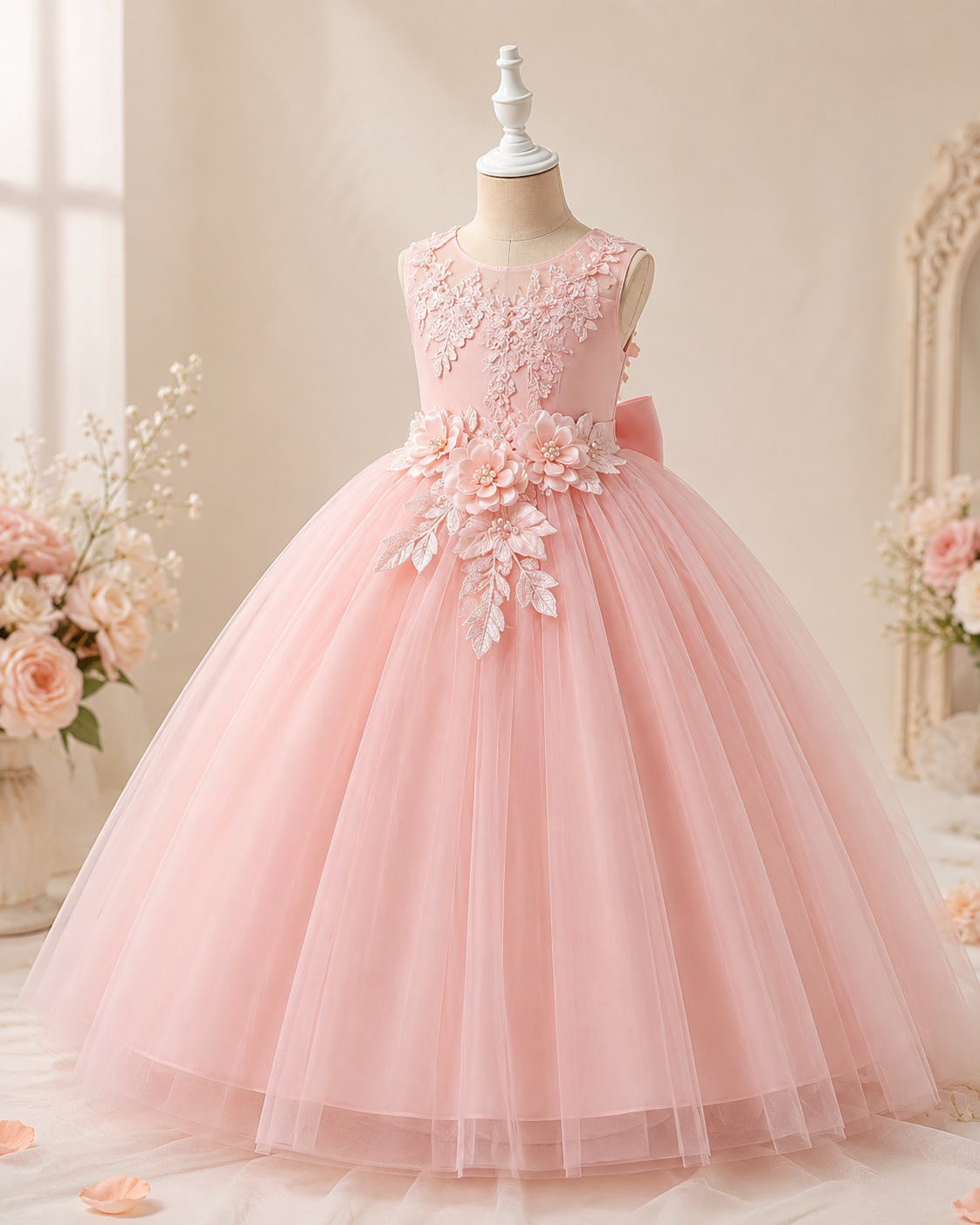 Florélia Prinzessinnenkleid in Rosa mit floralen 3D-Blumenapplikationen und voluminösem Tüllrock