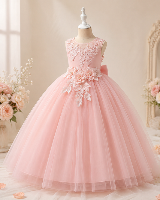 Florélia Prinzessinnenkleid in Rosa mit floralen 3D-Blumenapplikationen und voluminösem Tüllrock