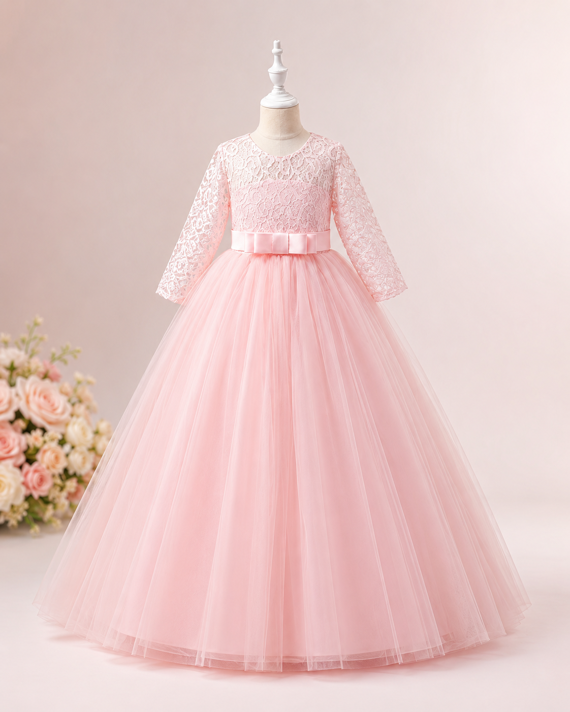 Elaria Mädchen Festkleid aus Tüll mit Spitze und langen Ärmeln in Rosa