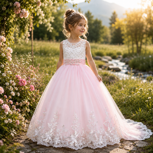 Prinzessinnenkleid Florelisse in Rosa mit Spitzenoberteil, floraler Stickerei und eleganter Schleppe