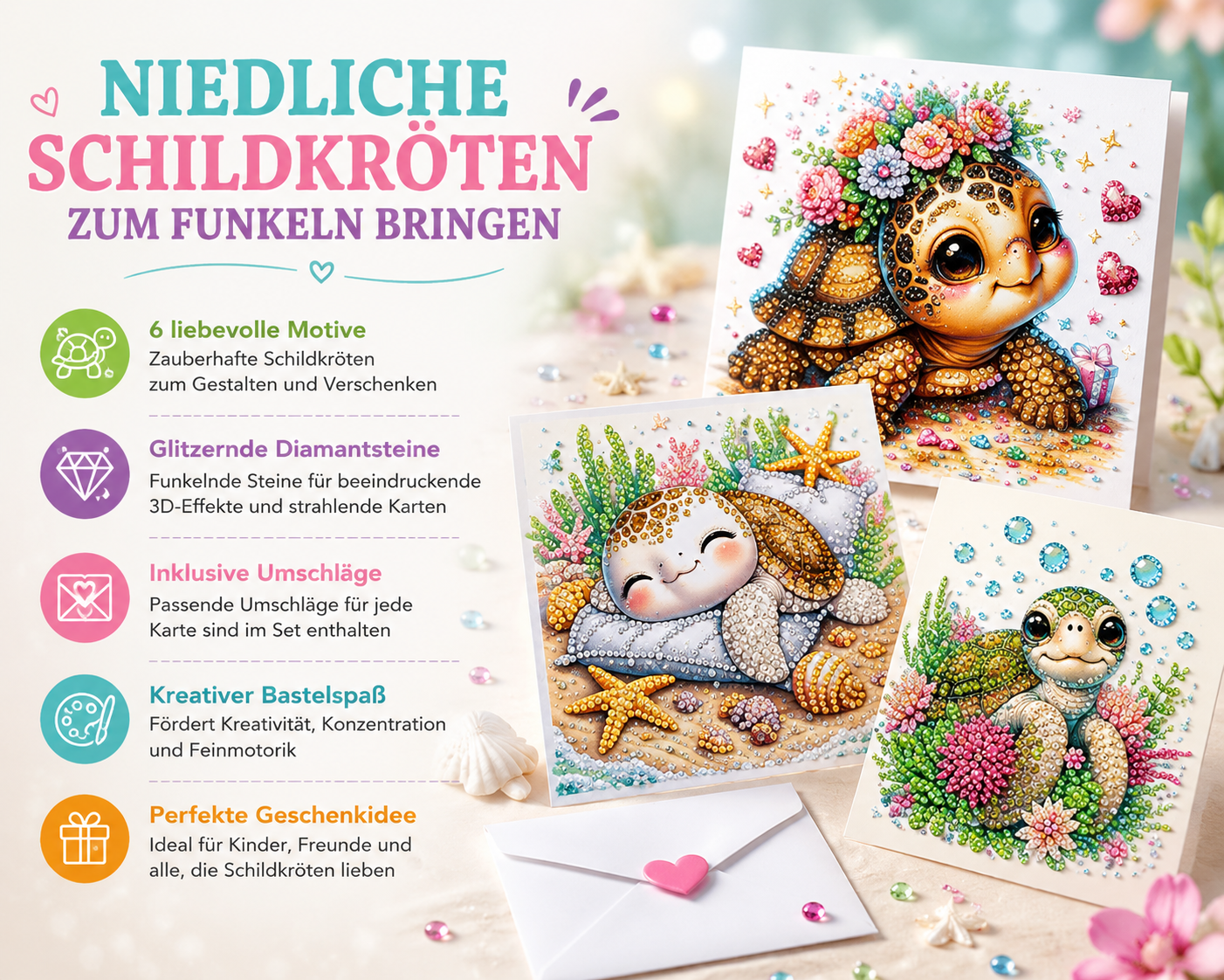 Diamond Painting Schildkrötenkarten mit glitzernden Diamantsteinen und Umschlägen