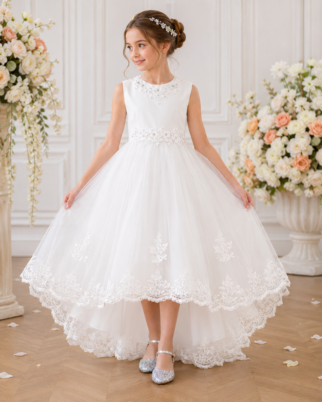 Mädchen trägt das weiße Florabelle Festkleid mit asymmetrischem Tüllrock und floralen Spitzendetails