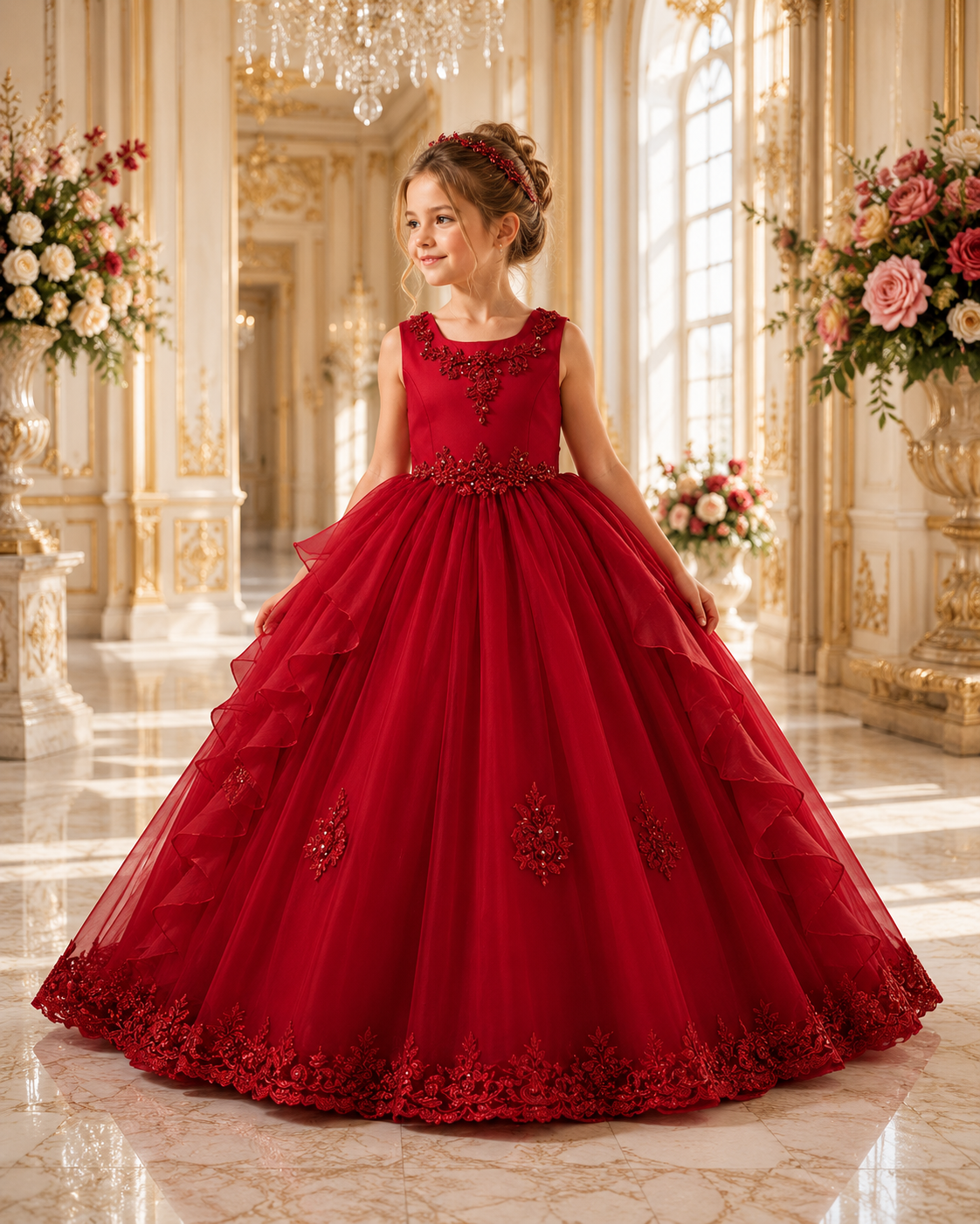 Mädchen trägt rotes Elegance Festkleid mit Tüllrock in einer eleganten Schlosskulisse