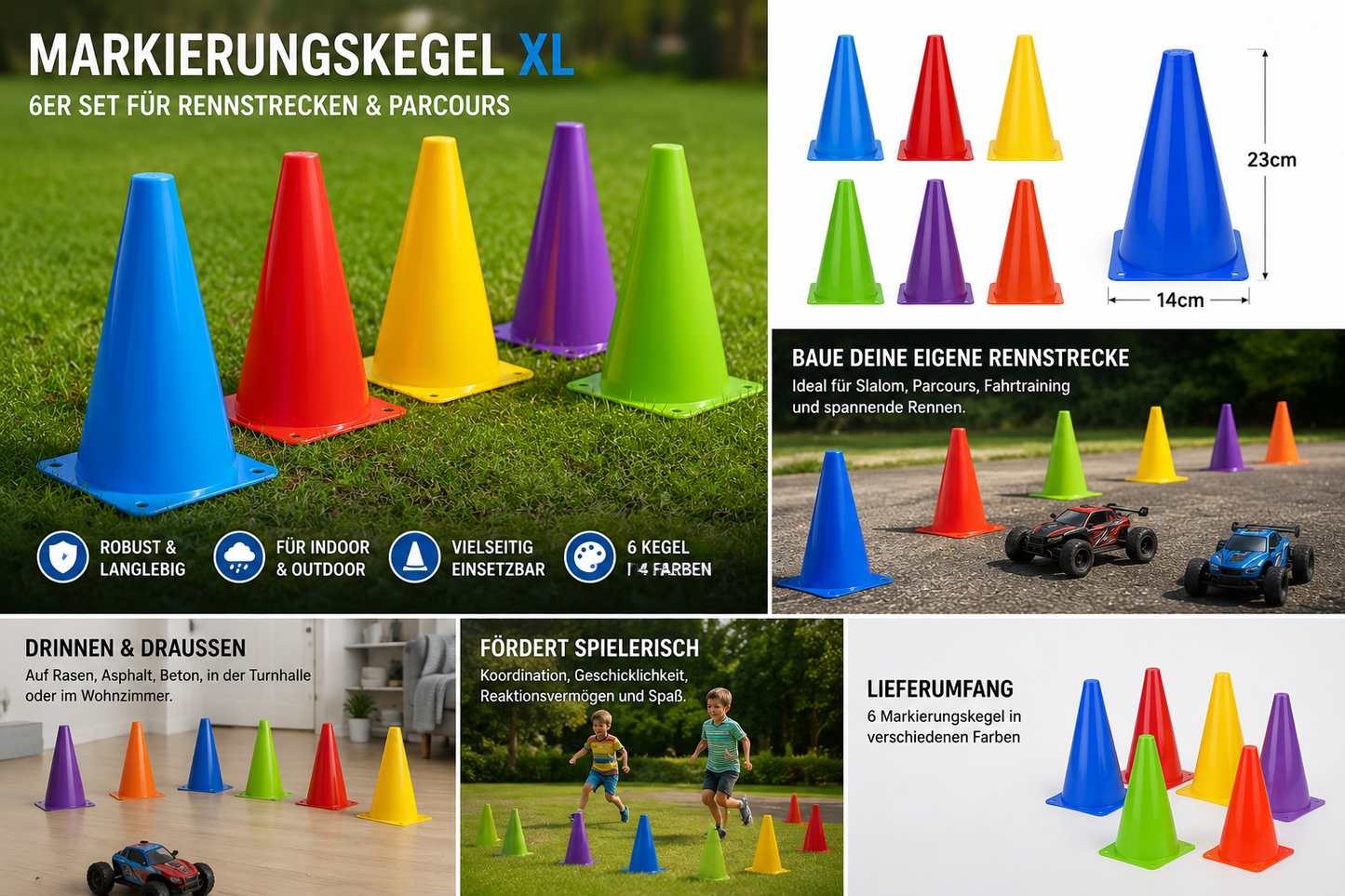 Markierungskegel XL 6er Set für Rennstrecken, Parcours und Geschicklichkeitsspiele mit Größenangaben und Einsatzmöglichkeiten