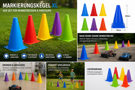 Markierungskegel XL 6er Set für Rennstrecken, Parcours und Geschicklichkeitsspiele mit Größenangaben und Einsatzmöglichkeiten